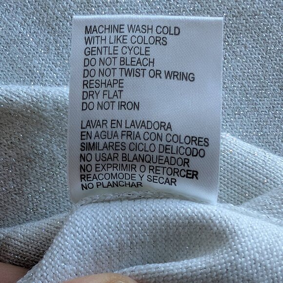 Debbiie & Morgan Metallic Silver woven Acrylic White Sz M Off Shoulder Sweater - Picture 10 of 14